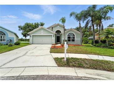 Charming single-story home featuring a well-manicured lawn, mature palms, and attached two-car garage at 1725 Bondurant Way, Brandon, FL 33511