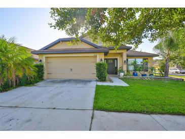 Charming single-story home featuring an attached two-car garage and well-manicured front lawn at 12218 Avondale Oak Pl, Riverview, FL 33578