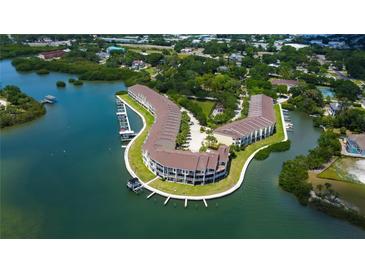 Beautiful aerial view of waterfront community with boat docks and lush landscaping on a sunny day at 129 Brent Cir, Oldsmar, FL 34677