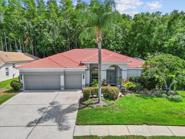 Inviting home with a red tile roof, three-car garage, and lush landscaping at 3181 Sterling St, Tarpon Springs, FL 34688