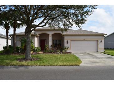 Single-story house with two-car garage and landscaped yard at 10312 Cleghorn Dr, San Antonio, FL 33576