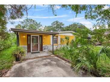 Cute yellow house with covered entry and mature landscaping at 7313 S Obrien St, Tampa, FL 33616