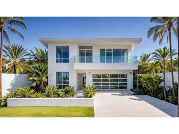 Modern two-story home featuring a glass-door garage, balcony, and tropical landscaping at 2201 N Glenwood Dr, Tampa, FL 33602