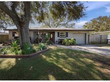 Ranch-style house with mature tree, landscaping, and driveway at 1515 Valencia St, Clearwater, FL 33756