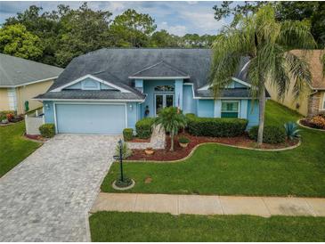 Single-Gathering home with light blue exterior and palm trees at 9727 Oakwood Hills Ct, New Port Richey, FL 34655