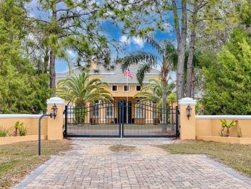 Elegant estate featuring a gated entrance, brick driveway, and mature landscaping at 11430 Trotting Down Dr, Odessa, FL 33556