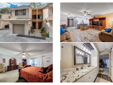 Townhouse exterior with neutral tones and a garage, complemented by interior views of the living room, bedroom, and bathroom at 2154 Tarpon Landings Dr, Tarpon Springs, FL 34688