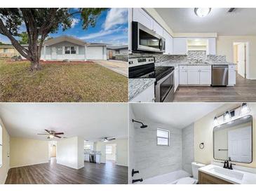 Collage showcasing the house exterior, kitchen, living room, and bathroom at 11231 Snyder Ave, Port Richey, FL 34668