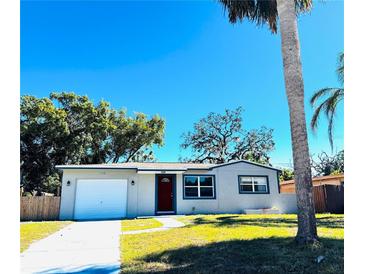 Newly renovated home with a white garage door and red front door, featuring a well-manicured lawn at 7142 Carlow St, New Port Richey, FL 34653