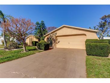 Tan house with a two car garage and well-manicured landscaping at 7219 Cay Dr, Port Richey, FL 34668