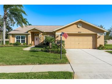 Tan one-story house with a two-car garage and American flag at 6604 Rosemont Ct, New Port Richey, FL 34655