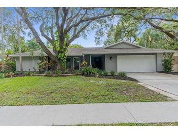 Gray house with a white garage door and mature landscaping at 939 Woodland Dr, Palm Harbor, FL 34683