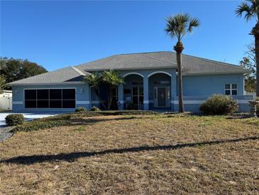 Beautiful light blue home with a large front yard and palm trees at 1418 Escobar Ave, Spring Hill, FL 34608