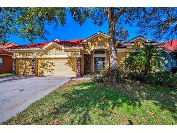 Charming single-story home with red tile roof, yellow stucco, stone accents, and a well-maintained lawn at 11645 Belle Haven Dr, New Port Richey, FL 34654