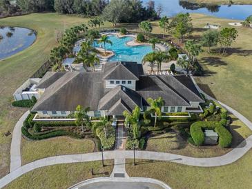 Aerial view of the community clubhouse and a stunning, clover-shaped pool surrounded by palm trees and lounge chairs at 13822 Bee Tree Ct, Hudson, FL 34669