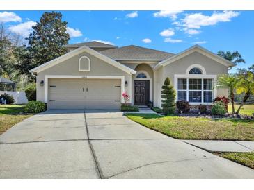 Beautiful single-Gathering home with attached two-car garage, well-maintained lawn, and mature landscaping at 10910 May Apple Ct, Land O Lakes, FL 34638
