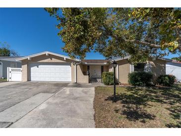 Charming single-story home featuring a neutral-toned exterior, attached garage, and a well-maintained front lawn at 9035 Prosperity Ln, Port Richey, FL 34668