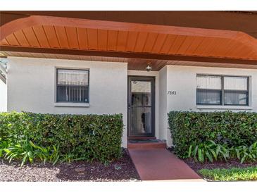 Charming home entrance featuring a red walkway leading up to the black-framed door at 7843 Radcliffe Circle, Port Richey, FL 34668