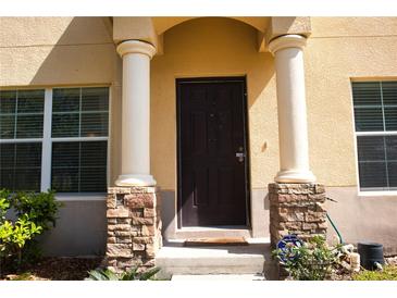 Inviting front entrance featuring a dark wood door, stone pillar bases, and a charming, covered entryway at 10936 Keys Gate Dr, Riverview, FL 33579