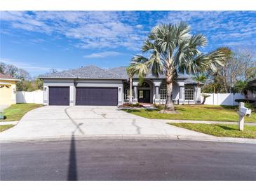 Charming gray home featuring a well manicured lawn, a three-car garage, and beautiful palm tree at 28752 Falling Leaves Way, Wesley Chapel, FL 33543