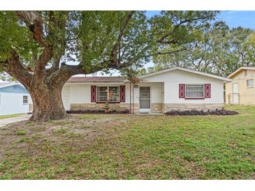 Charming single-story home featuring red shutters and a mature tree providing shade at 5031 Overlook Dr, New Port Richey, FL 34652