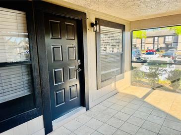 Welcoming front door of the home featuring sleek black hardware and a convenient window for natural light at 14736 Norwood Oaks Dr # 103, Tampa, FL 33613