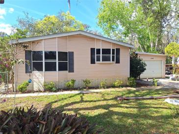 Cozy home with light pink siding, dark window shutters, and a detached garage surrounded by mature landscaping at 11641 Doaks St, New Port Richey, FL 34654