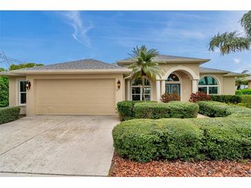 Inviting home with manicured landscaping, attached garage, and a blue sky overhead at 2336 Edelweiss Loop, Trinity, FL 34655