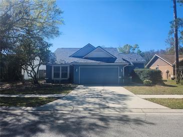Charming single-Gathering home featuring a blue exterior, a two-car garage, and a well-maintained front yard at 7125 Silverwood Dr, New Port Richey, FL 34654