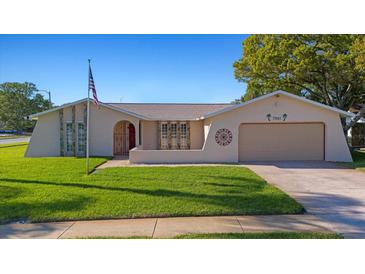 Charming single-story home featuring a well-manicured lawn and attached garage at 7901 Willow Brook Ct, Hudson, FL 34667