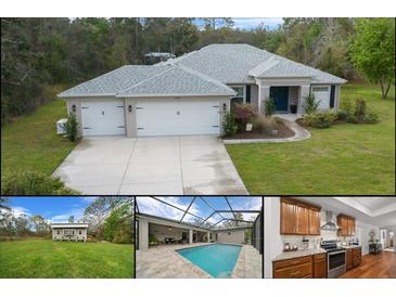 Charming single Gathering home featuring a long driveway, a three car garage, and a landscaped front yard at 16386 Heron Hills Dr, Spring Hill, FL 34610