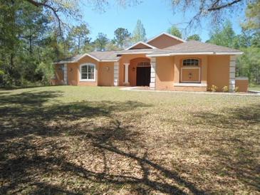 Single story home featuring a large well-maintained lawn and manicured landscaping at 19263 Quiet Oak Ln, Brooksville, FL 34604
