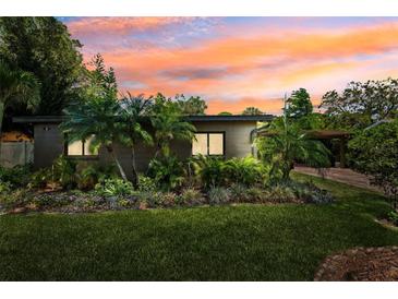 Charming single-story home with a lush, landscaped front yard and a colorful sunset backdrop at 6433 Murray Hill Dr, Tampa, FL 33615