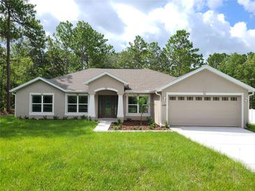 Charming single-story home with a well-manicured lawn, complemented by lush trees and a two-car garage at 11192 Kodiak Wren Rd, Weeki Wachee, FL 34614