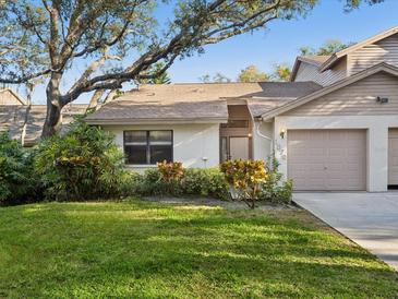 Charming home exterior with well-maintained lawn, mature landscaping, and attached garage, great curb appeal at 1870 Whispering Way, Tarpon Springs, FL 34689