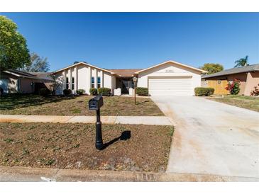 Charming one-story home featuring a well-manicured lawn and inviting curb appeal under a clear blue sky at 11001 Peppertree Ln, Port Richey, FL 34668