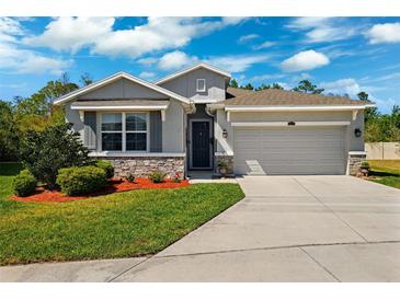 Charming single-Gathering home with a two-car garage, stone accents, lush landscaping, and a well-manicured lawn at 15793 Midnight Dove Ct, Odessa, FL 33556