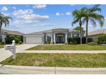 Charming single-story home featuring a well-manicured lawn, mature palm trees, and a welcoming entrance at 22129 Yachtclub Ter, Land O Lakes, FL 34639