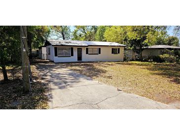 Charming single-story home featuring a metal roof and a spacious front yard with a long concrete driveway at 807 S Castle Ct, Tampa, FL 33612