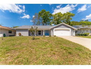 Charming one-story home featuring a blue double-door entry, brick facade, and a well-maintained lawn at 8705 Village Mill Row, Hudson, FL 34667