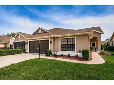 Charming single-story home featuring a well-manicured lawn, brown trim, and an attached two-car garage at 9636 Brookdale Dr, New Port Richey, FL 34655
