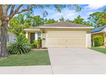 Charming single-story home showcasing a well-maintained lawn, mature landscaping, and a spacious two-car garage at 14581 Wake Robin Dr, Brooksville, FL 34604