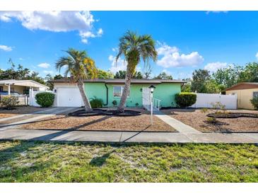 Charming single-story home with a well-manicured lawn and two mature palm trees at 1054 Embassy Ave, Spring Hill, FL 34606