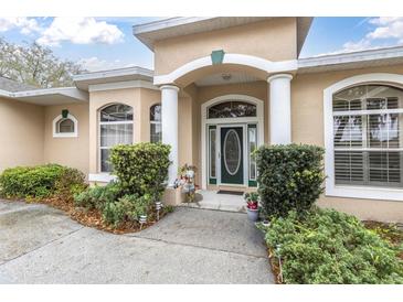 Charming home featuring a covered front entrance with classic columns and lush landscaping at 18328 Treehaven Dr, Hudson, FL 34667