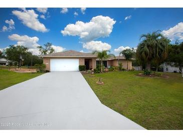 Charming single-story home with a well-manicured lawn, a long driveway, and lush landscaping under a blue sky at 13100 Fish Cove Dr, Spring Hill, FL 34609