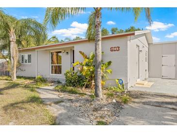 Charming single-story home featuring palm trees, a light gray exterior, and inviting landscaping at 7365 Pinehurst Dr, Spring Hill, FL 34606