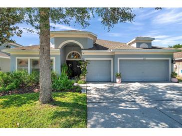 Charming single-story home featuring a well-manicured lawn, mature trees and a two car garage at 8635 Creedmoor Ln, New Port Richey, FL 34654