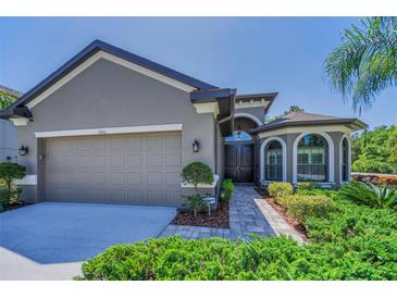 Charming home featuring a gray stucco exterior, attached two-car garage, and meticulously manicured front yard landscaping at 12800 Solola Way, Trinity, FL 34655