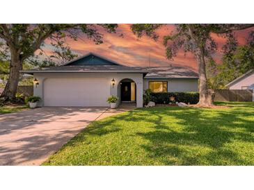 Charming single-story home with a well-manicured lawn, an attached two-car garage, and professional landscaping at 2116 Karan Way, Clearwater, FL 33763