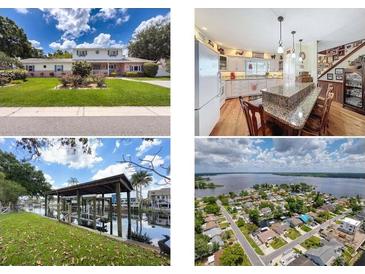 Collage of home showcasing the front exterior, kitchen, boat dock, and aerial view at 75 N Canal Dr, Palm Harbor, FL 34684